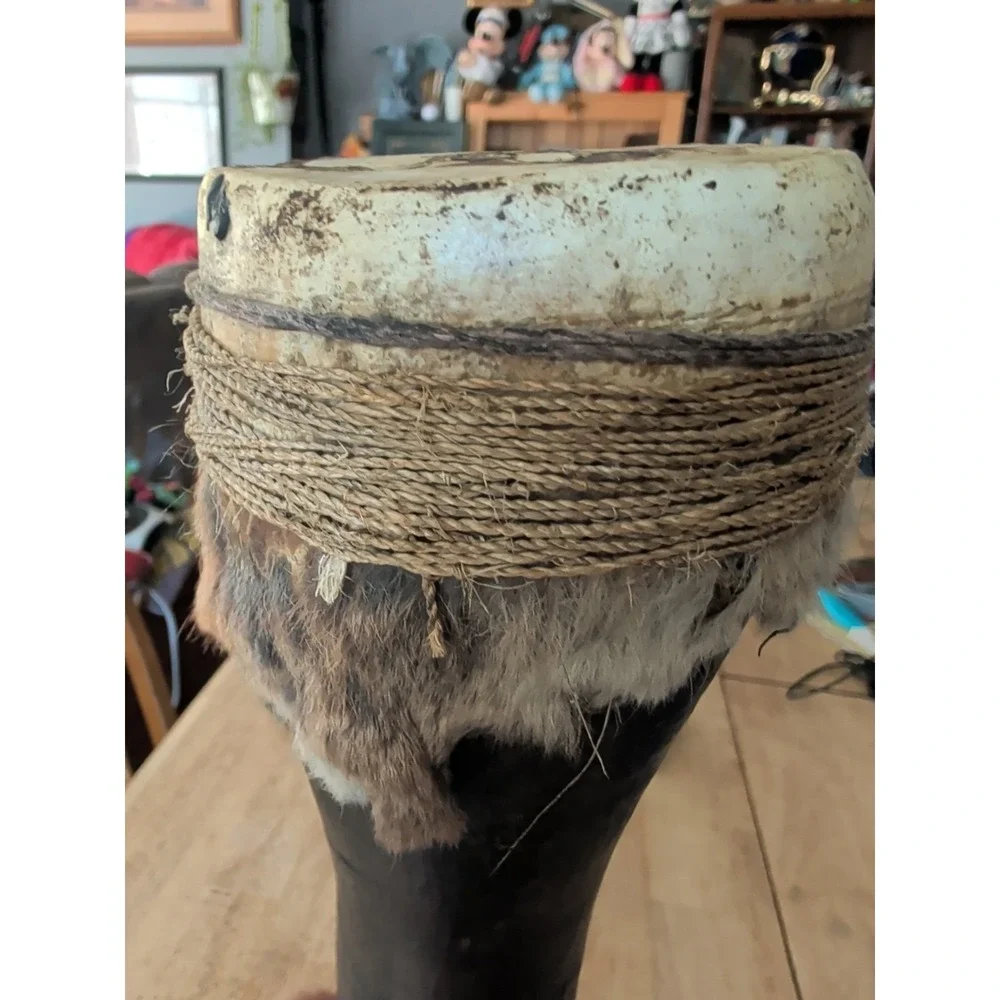 Kundu Tribal New Guinea Wood Drum Fur Trim Drum Head Needs Tightening